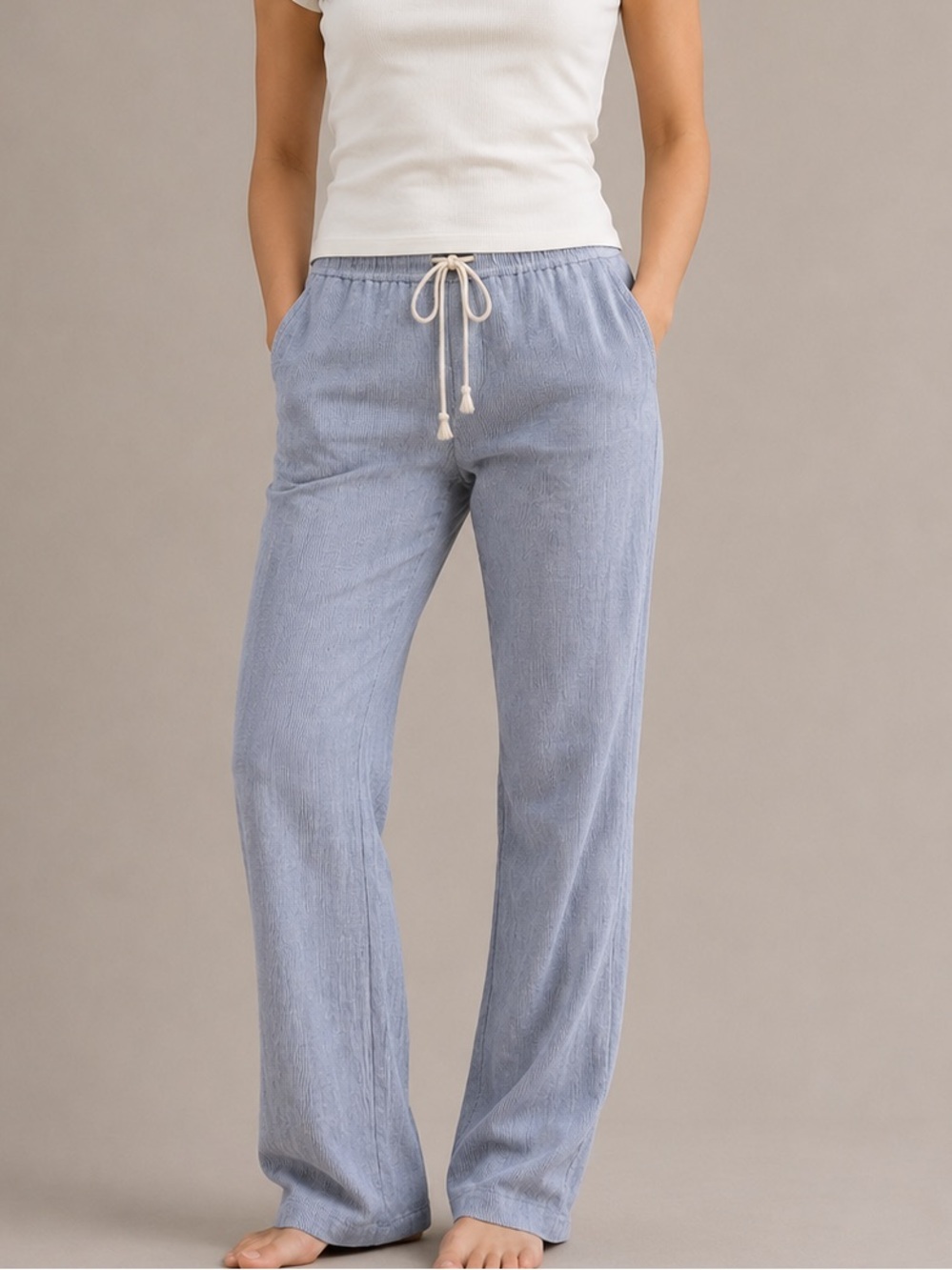 John Galt Casual Pull On Stretch Waist Seersucker Blue Stripe Linen Blend Pants